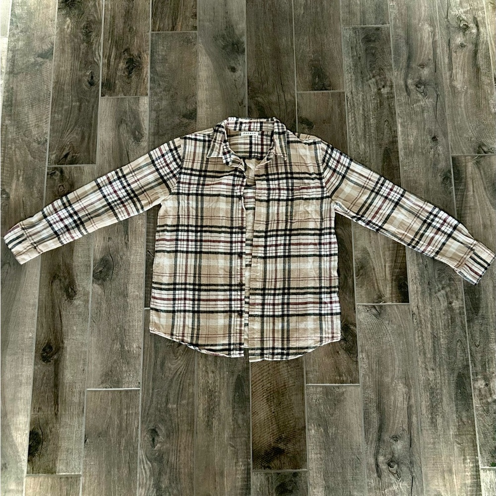 PacSun Burberry Style Flannel - Tan and Black Sz: M